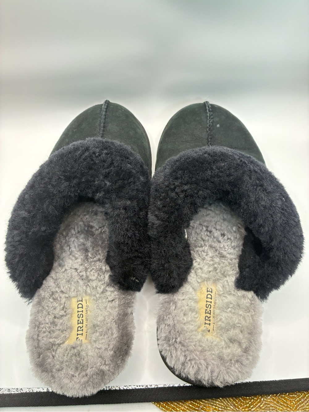 dearfoams Black Faux Suede Shearling Clog Slippers
